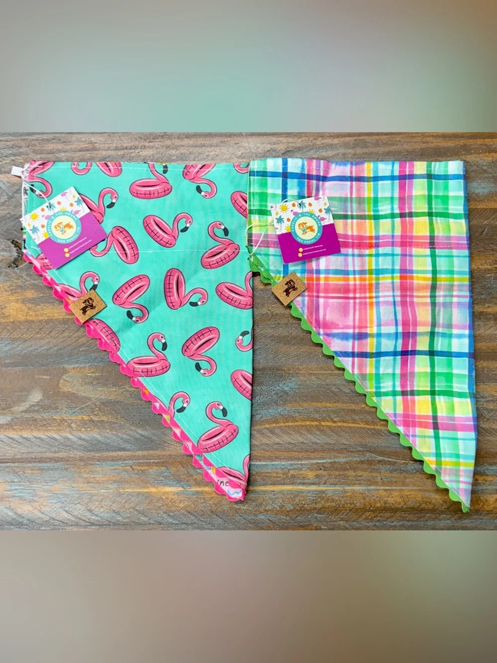 NEW Charlie & The Hound Reversible Dog Bandanas Flamingo Pink & Multicolor Plaid